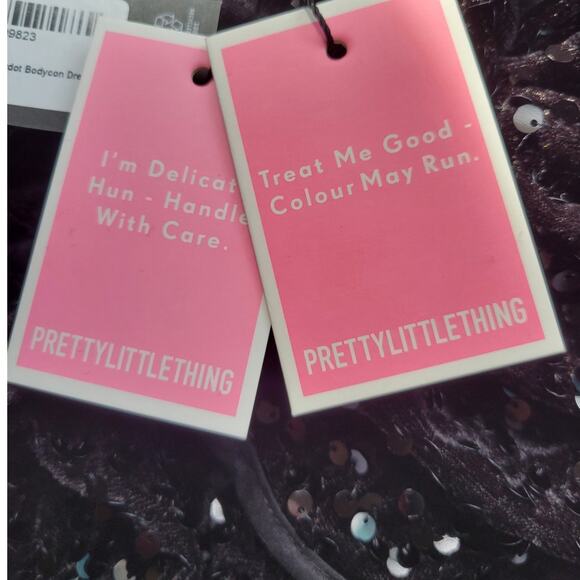 NWT PrettyLittleThings Plus Black Sequin Velvet Bardot Bodycon Dress Whimsi Goth - Picture 7 of 9